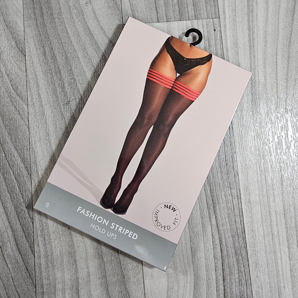 Ann Summers Black/Red Fashion Striped Hold Ups Stockings Size S